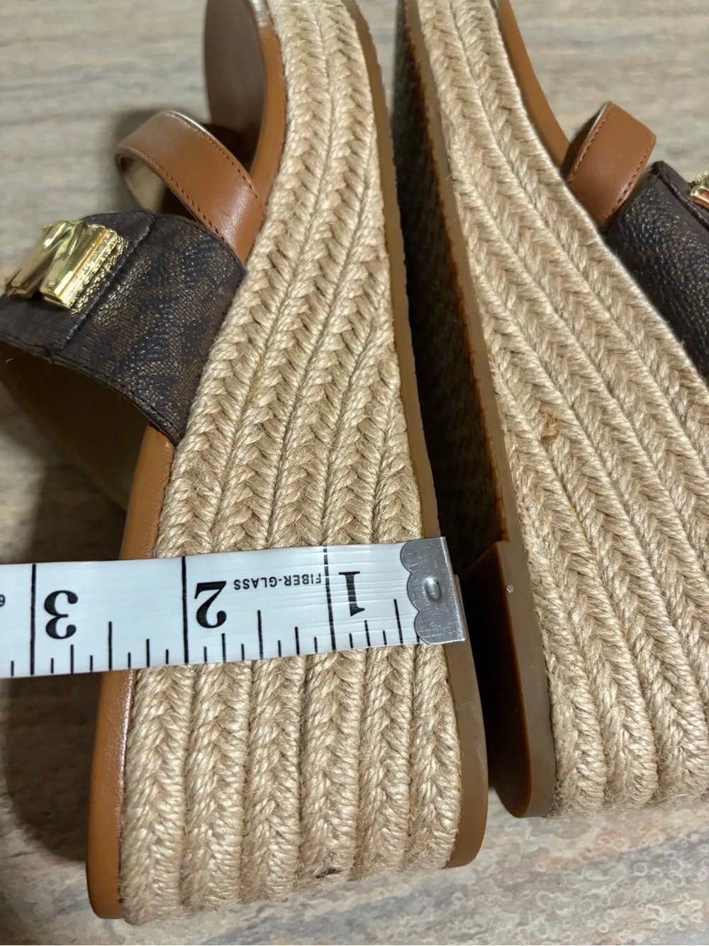 Michael Kors Tan & Brown Leather Logo Espadrille Wedge Sandals with Gold Accents